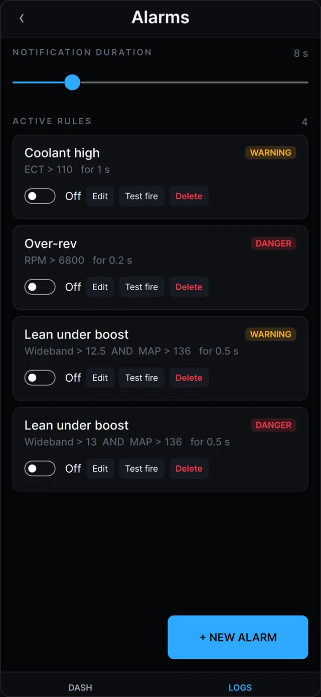 Alarm rules for coolant temperature, over-rev and lean under boost