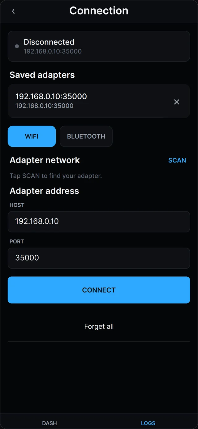 Connection screen with saved adapter and WiFi or Bluetooth choice