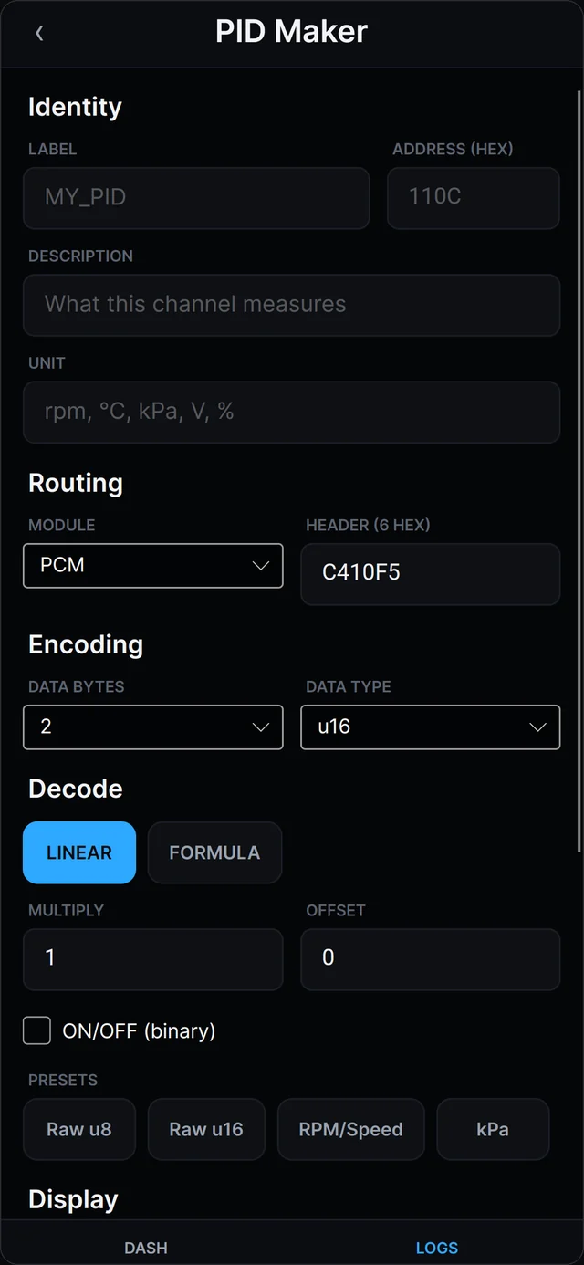 PID Maker form for defining a custom channel