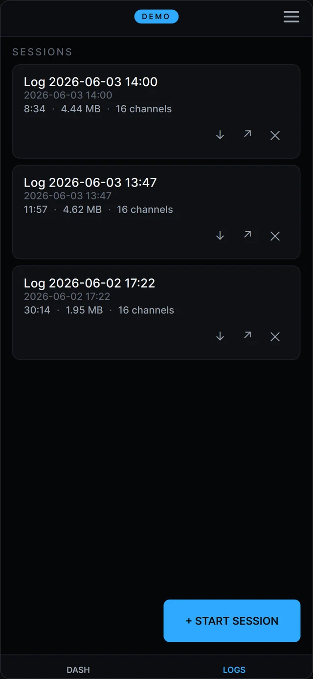 List of recorded sessions with duration, size and channel count